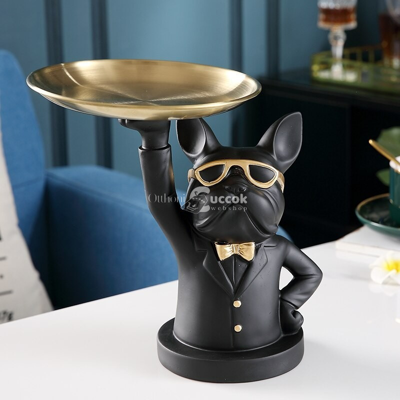 Kutya alakú dekoratív szobor - Fekete fenti tálca