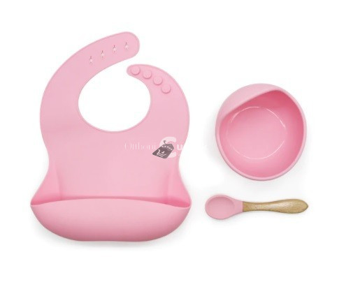 Szilikon étkészlet babáknak, állítható előke és vákuumtalpas tányér kanálkával - - Rózsaszín