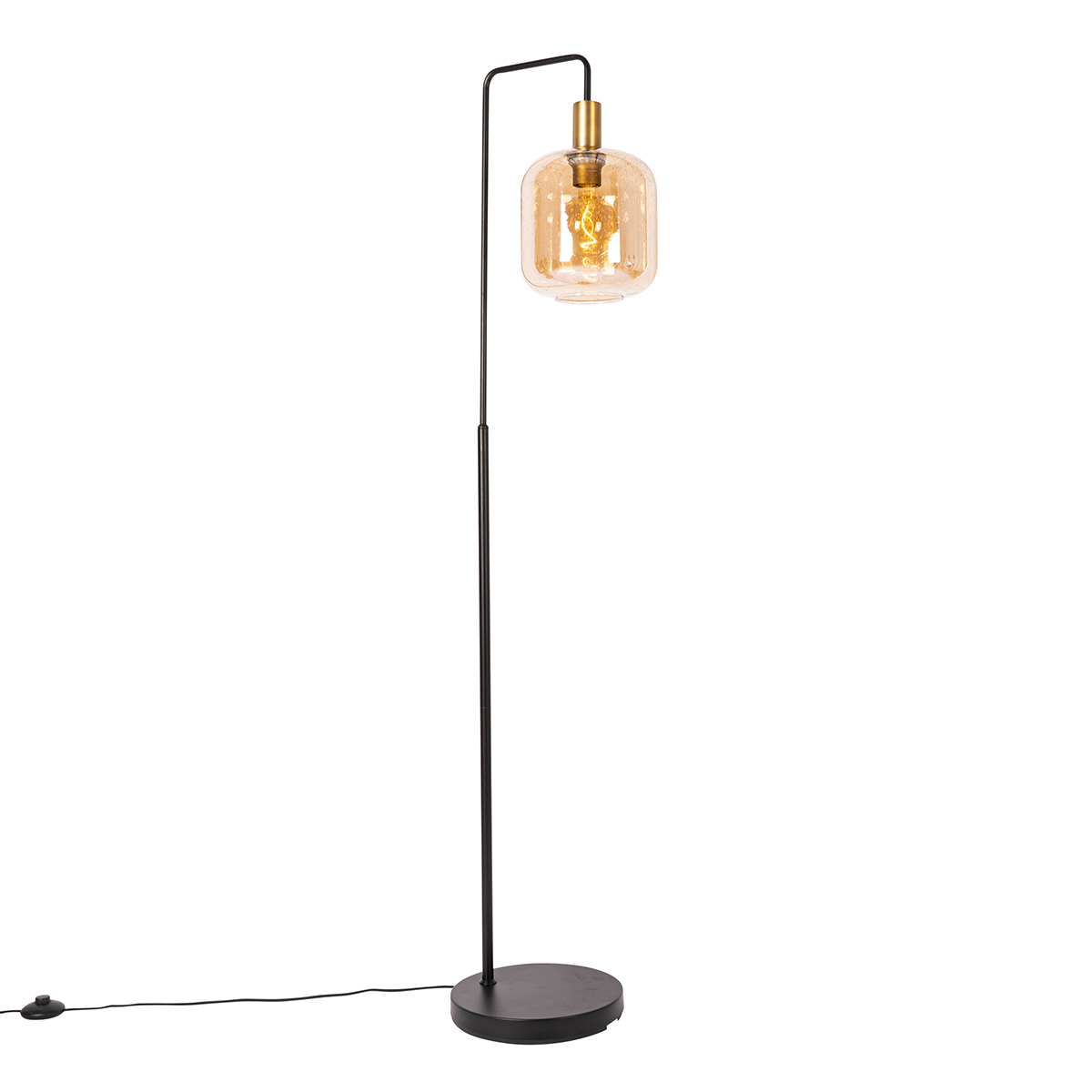 Design állólámpa fekete sárgaréz és borostyánsárga üveggel - Zuzanna