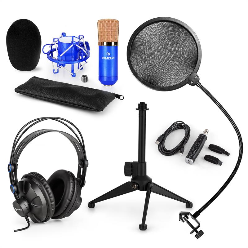 auna CM001BG V2 mikrofon szett, fejhallgató, kondenzátor mikrofon, USB adapter, állvány, pop filter, kék