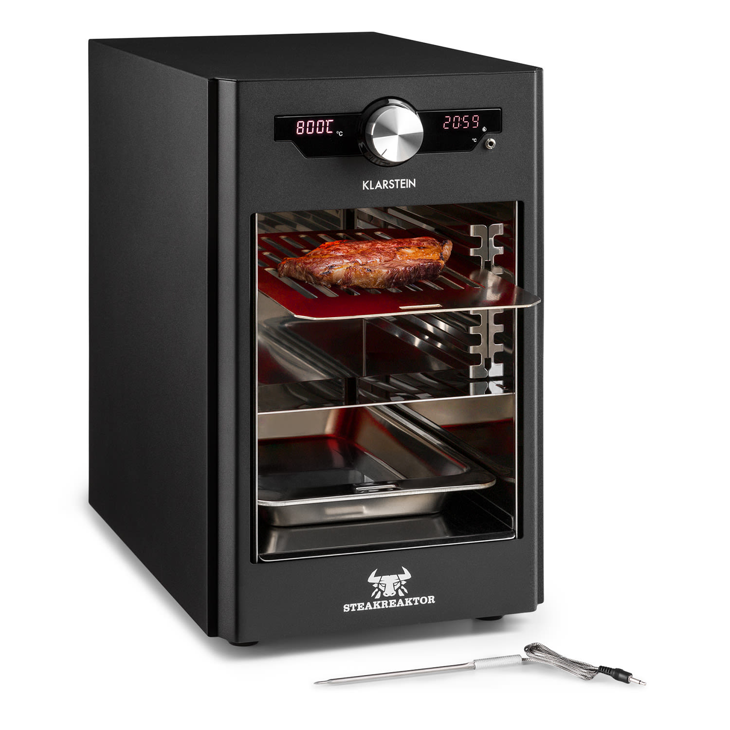 Klarstein Steakreaktor Core, magas hőmérsékletű grill, 2100 W, 800 °C, beszúrható hőmérsékletmérő