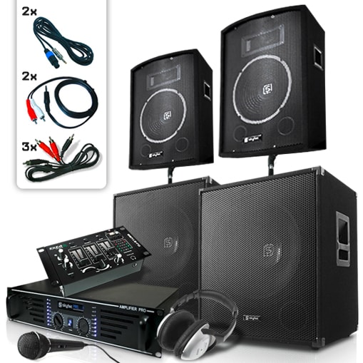 Skytec Bass Mountain USB, DJ PA rendszer, 2000 W, 4 x hangfal, erősítő, keverő