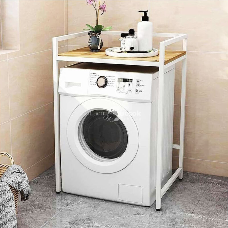Elite Home® masszív fém fürdőszobai polc mosógép fölé fa polccal, fehér - 100 cm
