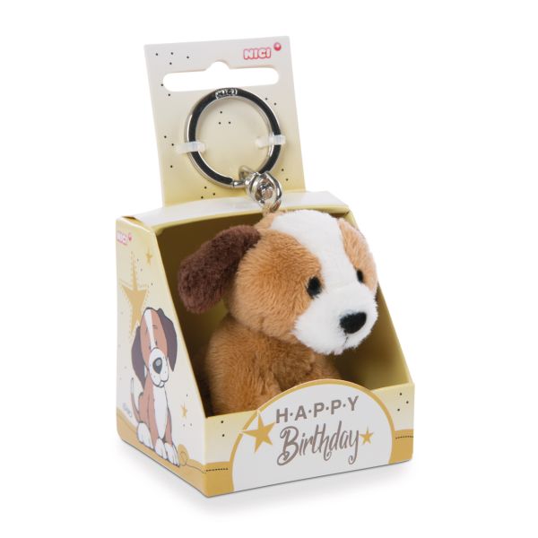 Nici: Kutya plüss kulcstartó Happy Birthday feliratú dobozban - 6 cm