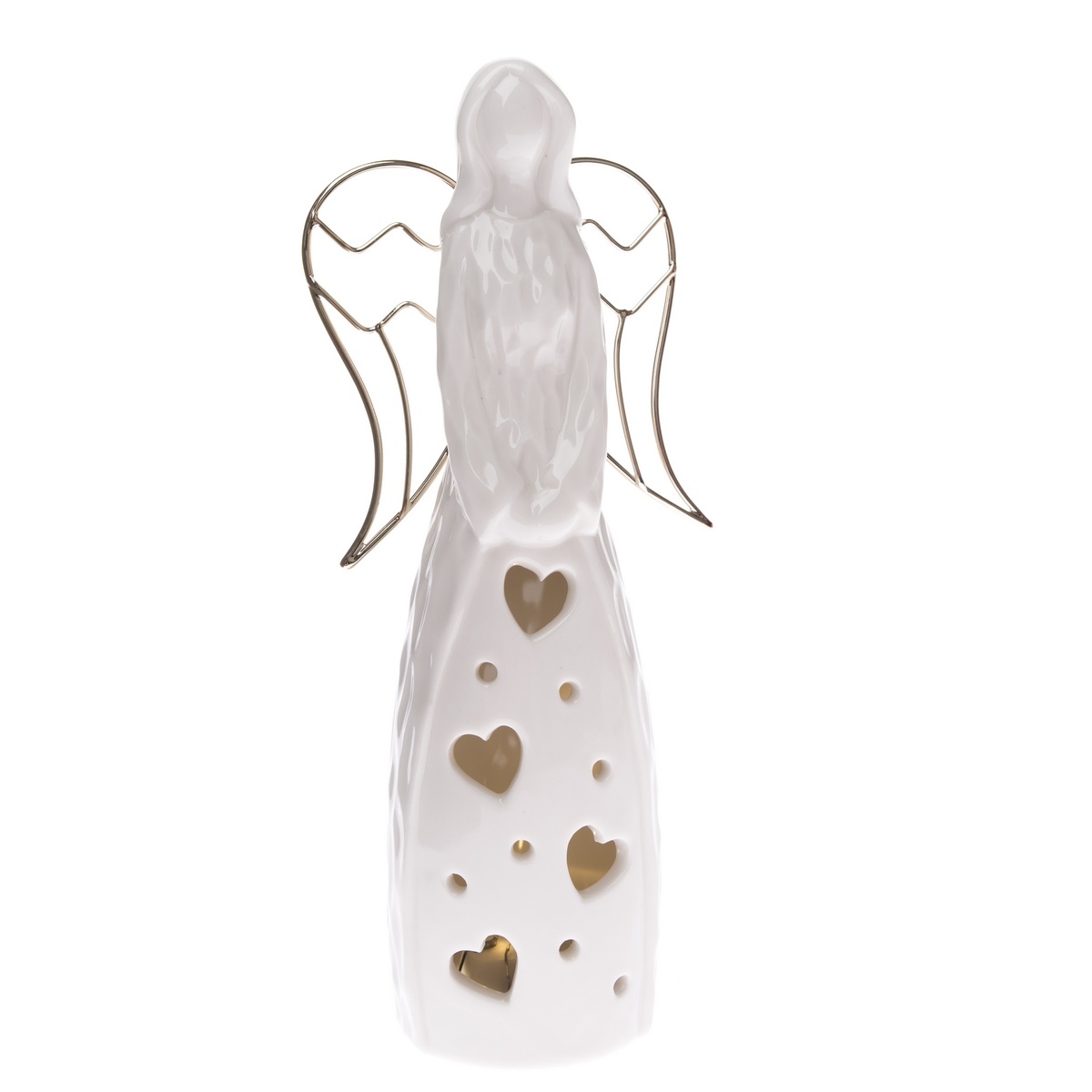 Angyal szívekkel porcelán elemes gyertyatartó,fehér, 8 x 19,5 cm