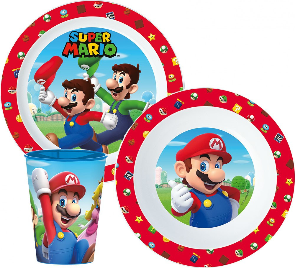 Super Mario étkészlet, micro műanyag szett, pohárral 260 ml