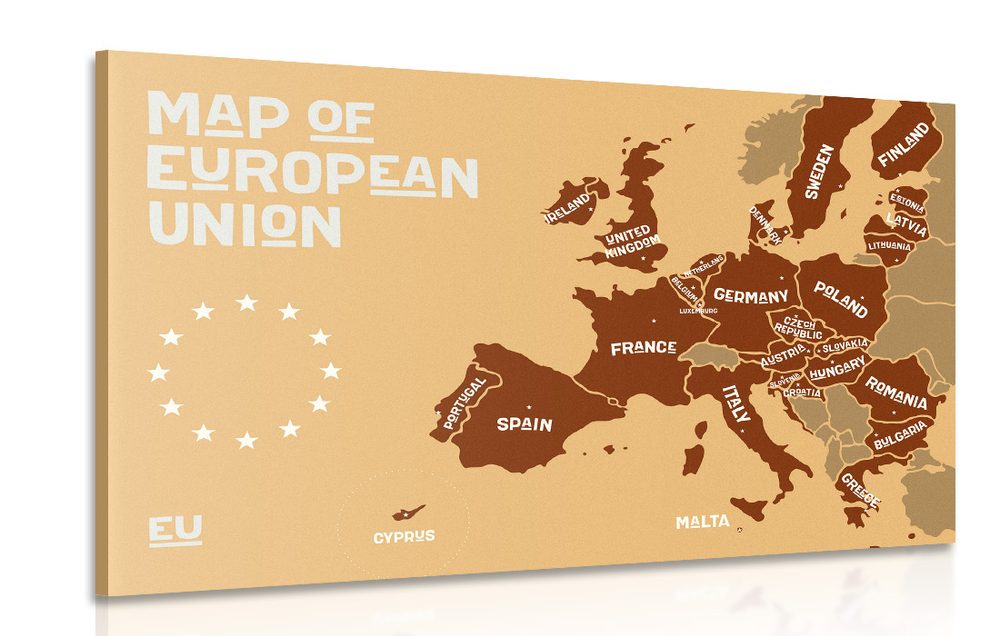 Kép oktatási térkép az  Európai Unió országainak nevével barna színben