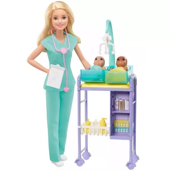 Barbie karrier baba: Szőke hajú gyerekorvos ikerbabákkal