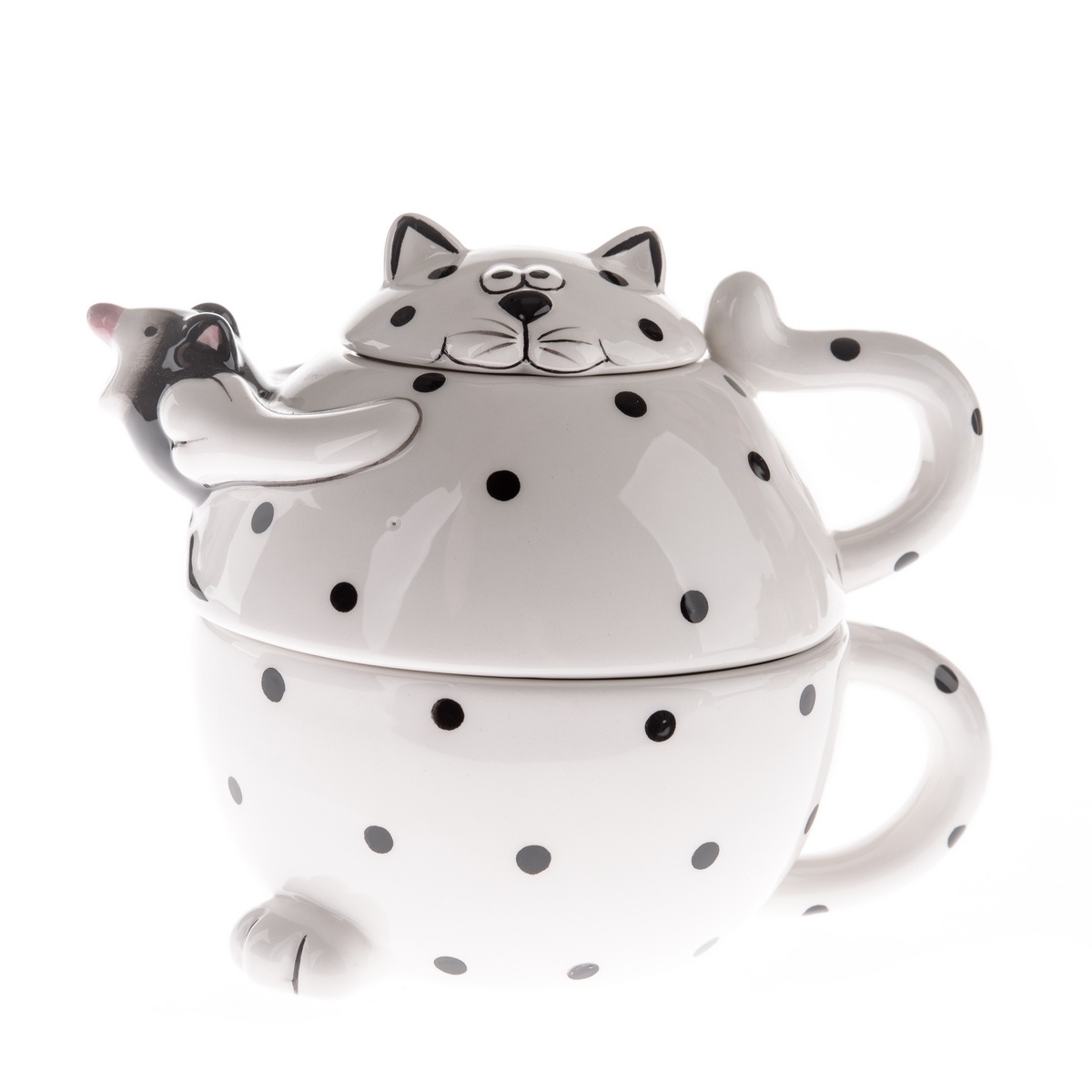 Macska kerámia teáskanna csészével, fekete pöttyös