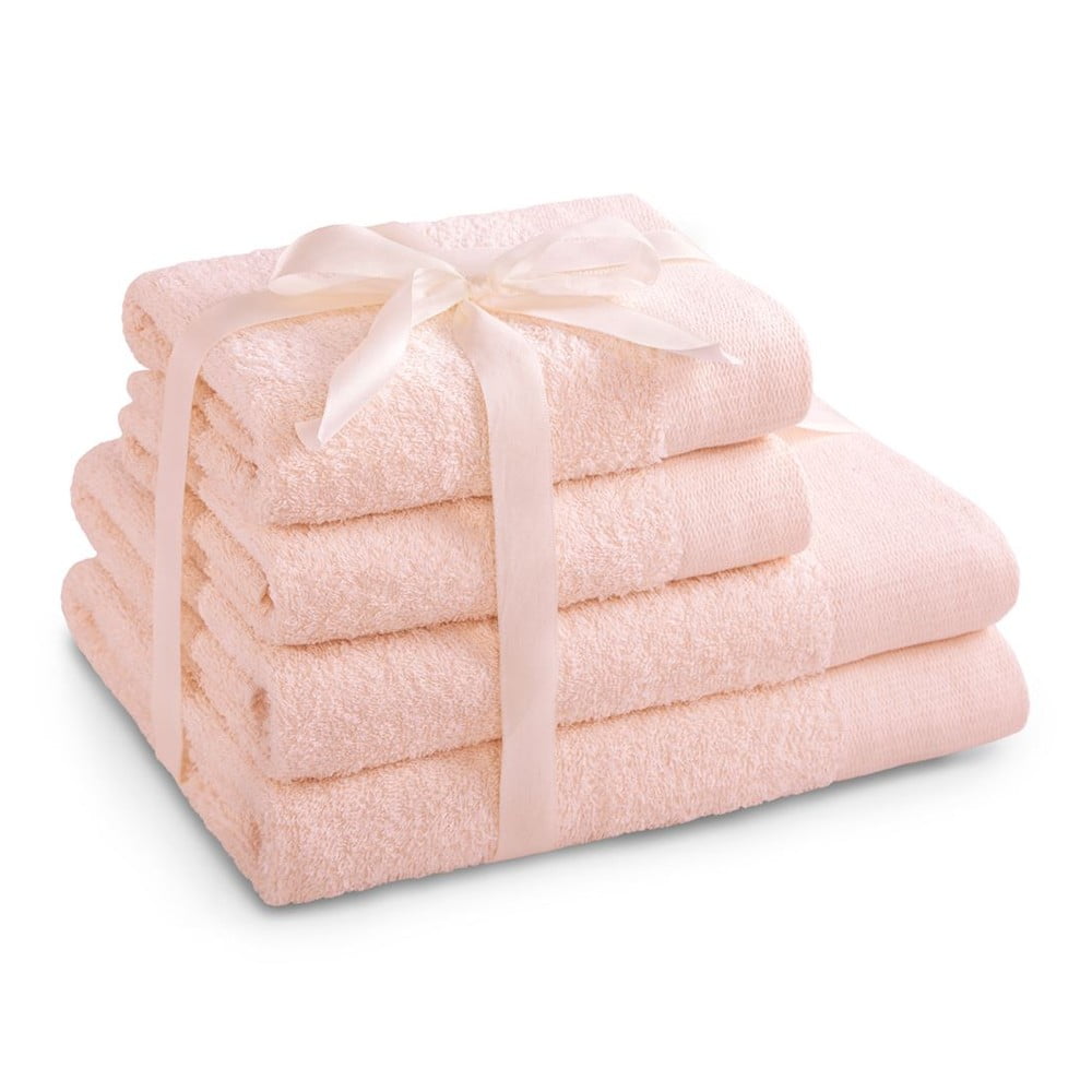 Világos rózsaszín frottír pamut törölköző és fürdőlepedő készlet 4 db-os Amari – AmeliaHome