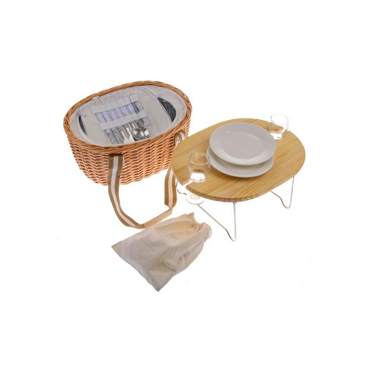 2 személyes fonott piknikkosár fix fedél/asztal, termoszdoboz, 40 x 31 x 21 cm, 3 kg
