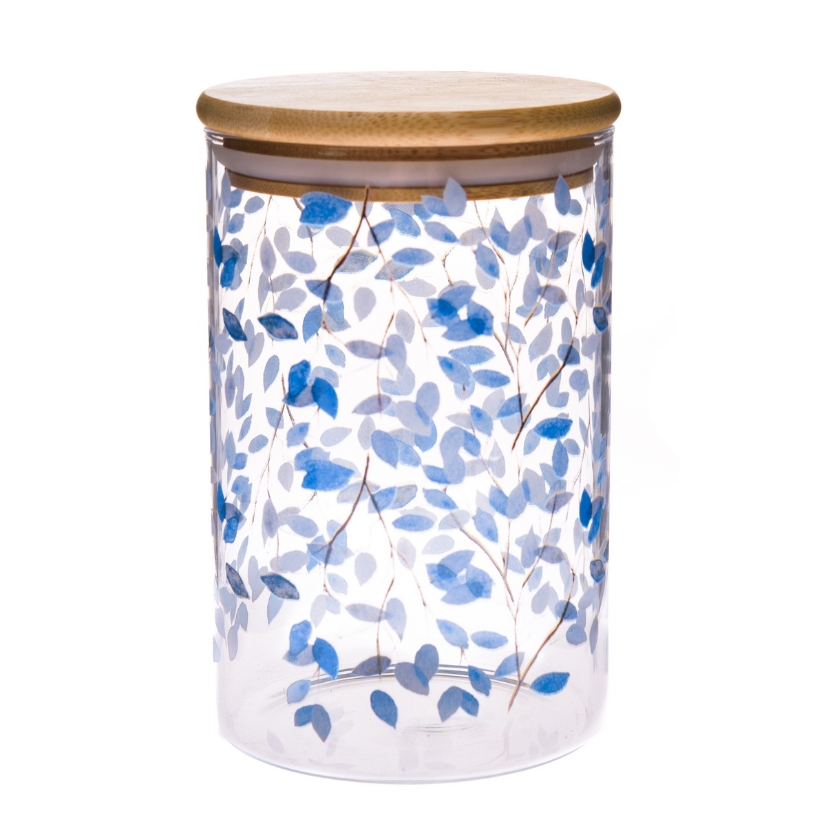 Kék virágok üvegedény bambuszfedéllel, 840 ml