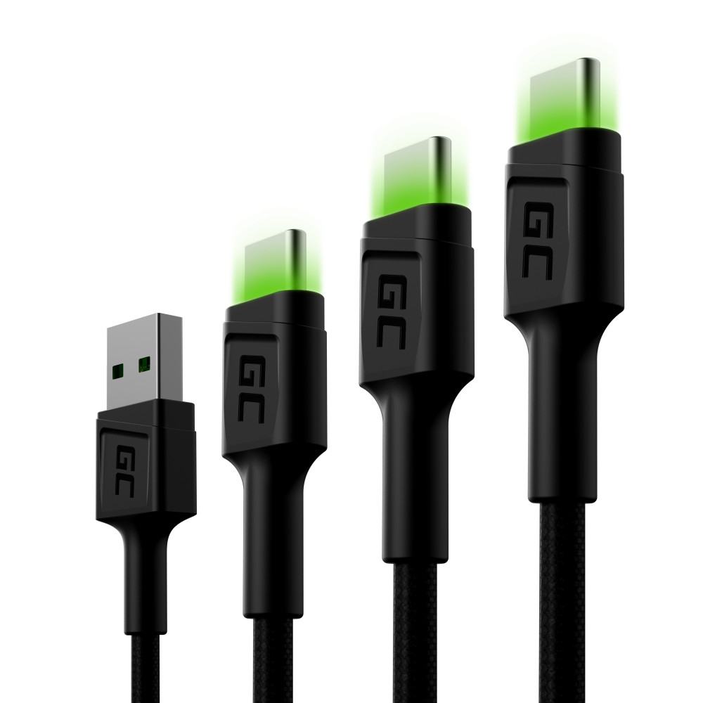 Szett, 3x GC Ray USB-C 30cm, 120cm, 200cm USB kábel zöld LED háttérvilágítással, Ultra Charge, QC 3.0 gyorstöltéssel KABGCSET01