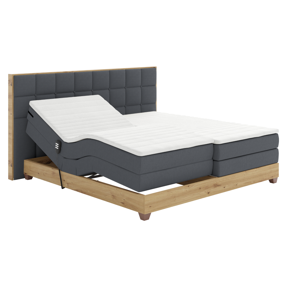 Elektromos állítható ágy, boxspring, sötétszürke/artisan tölgy, 180x200, TIANA