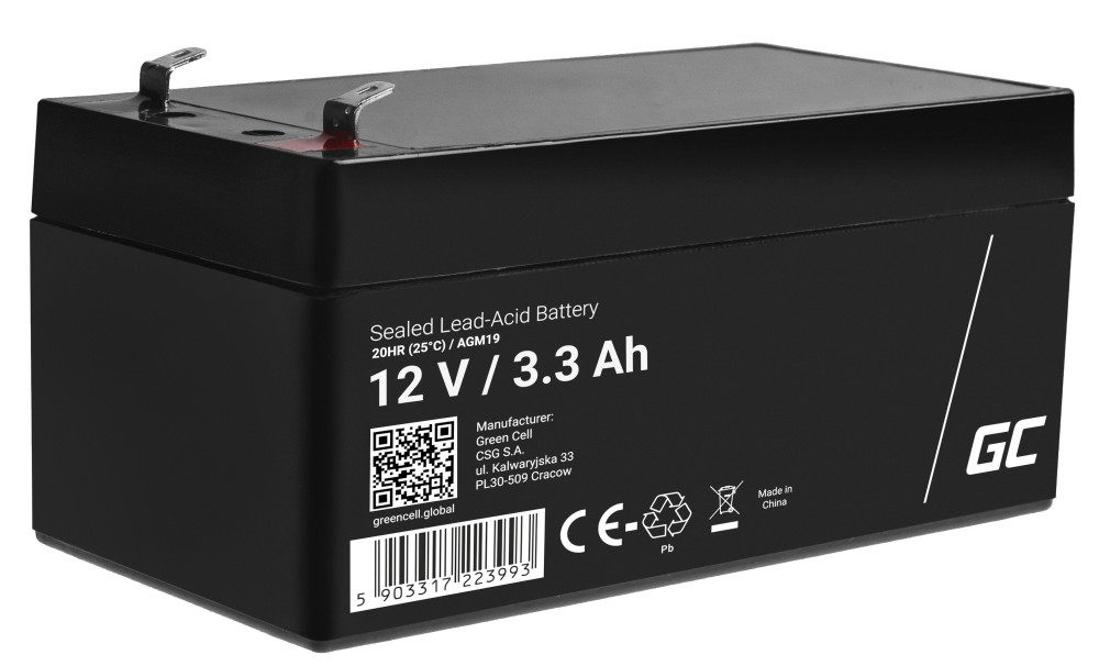 AGM VRLA gondozásmentes ólom akkumulátor / akku 12V 3.3 Ah AGM19 riasztókhoz, pénztárgépekhez, játékokhoz