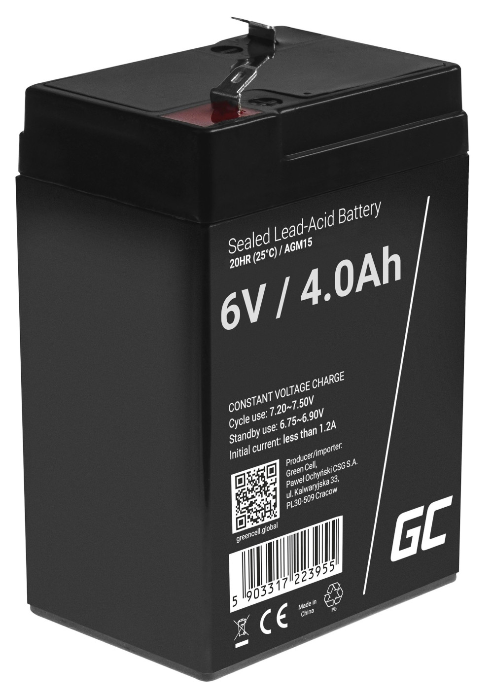AGM VRLA gondozásmentes ólom akkumulátor / akku 6V 4 Ah AGM15 riasztókhoz, pénztárgépekhez, játékokhoz