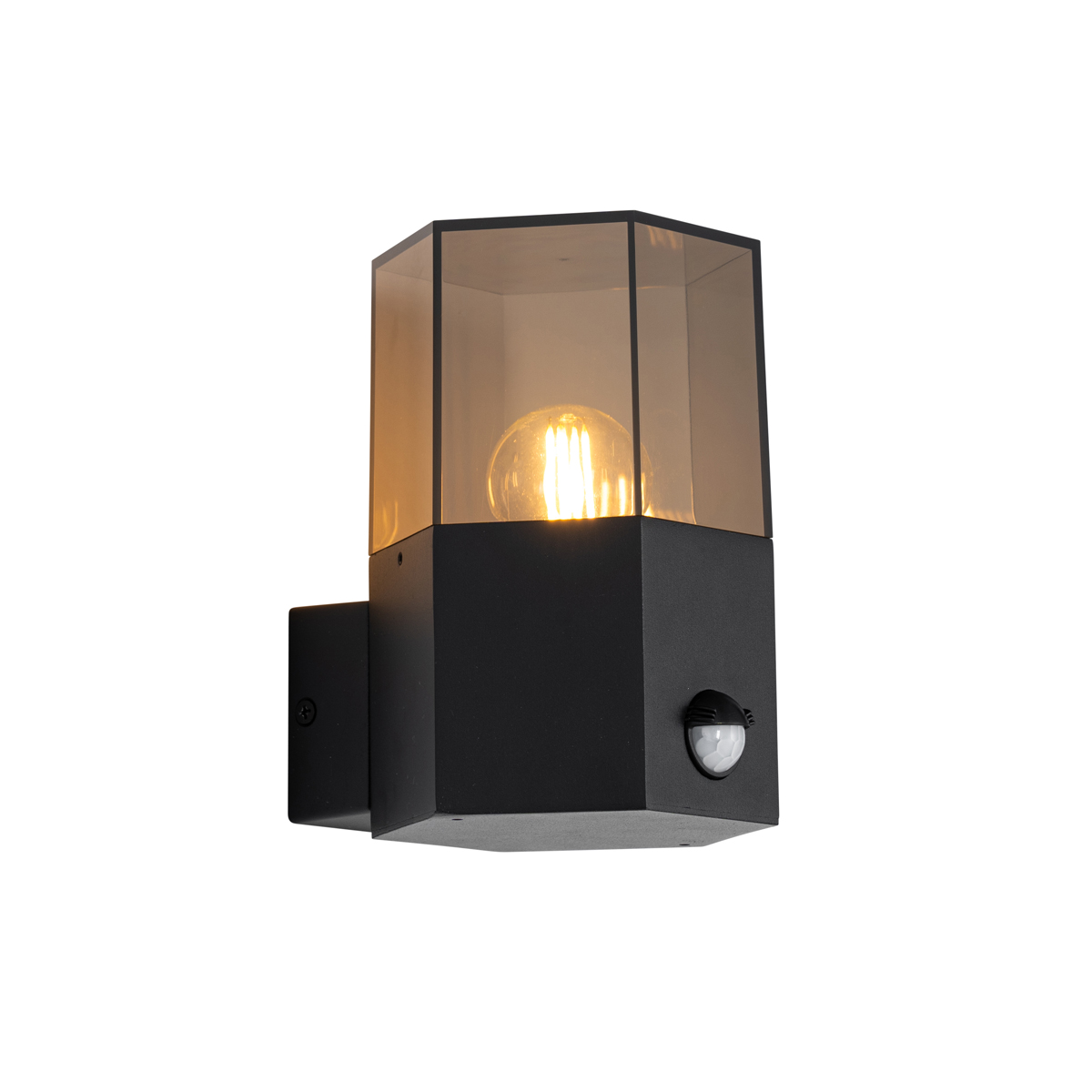 Buiten wandlamp zwart met smoke glas zeshoek en bewegingssensor - Denmark