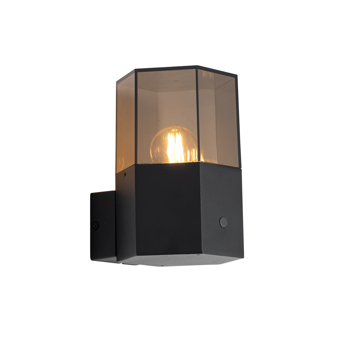Kültéri fali lámpa fekete füstüveggel hatszögletű és alkonyatkapcsolóval - Dánia