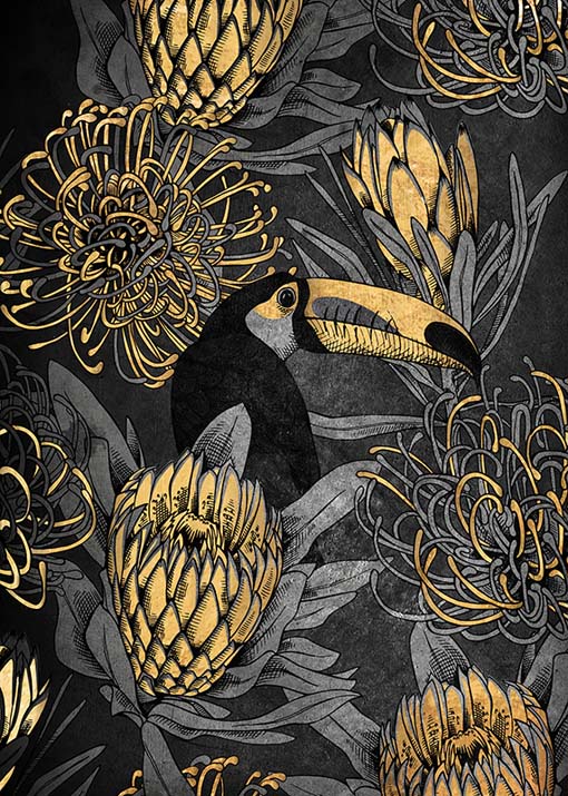 Rejtőzködő tukán - aranyfóliás vászonkép