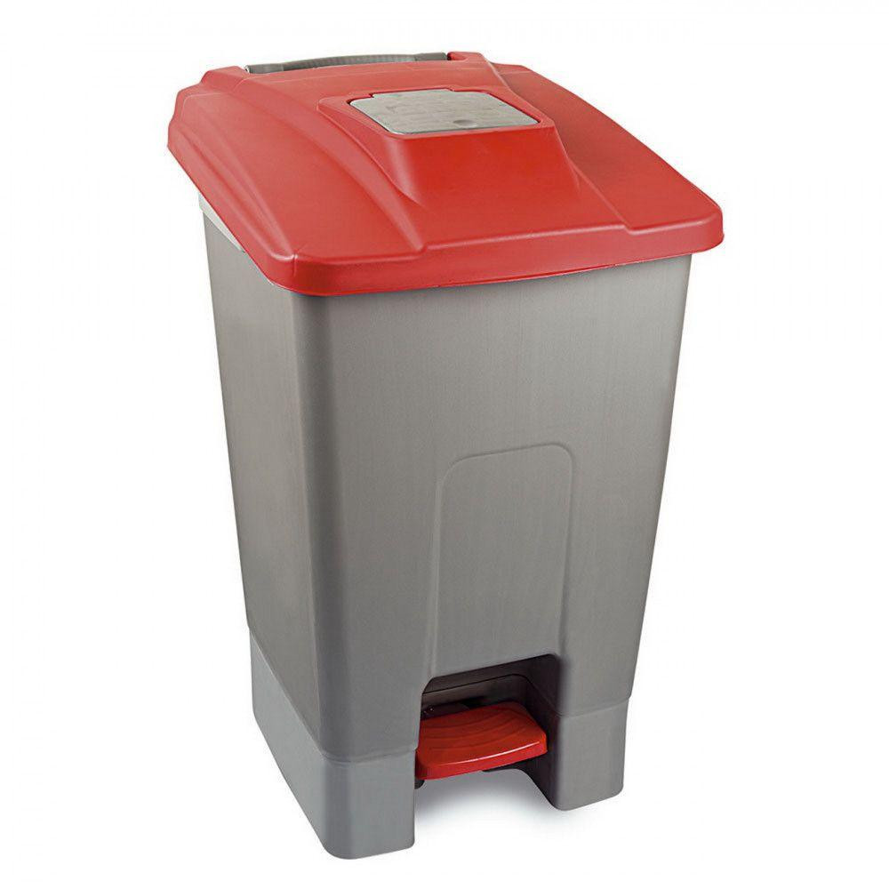 Szelektív hulladékgyűjtő konténer, műanyag, pedálos, fém színű, piros, 100L