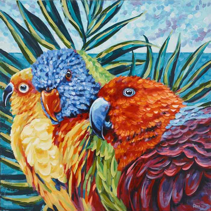 Színes papagájok - kézzel festett olajfestmény