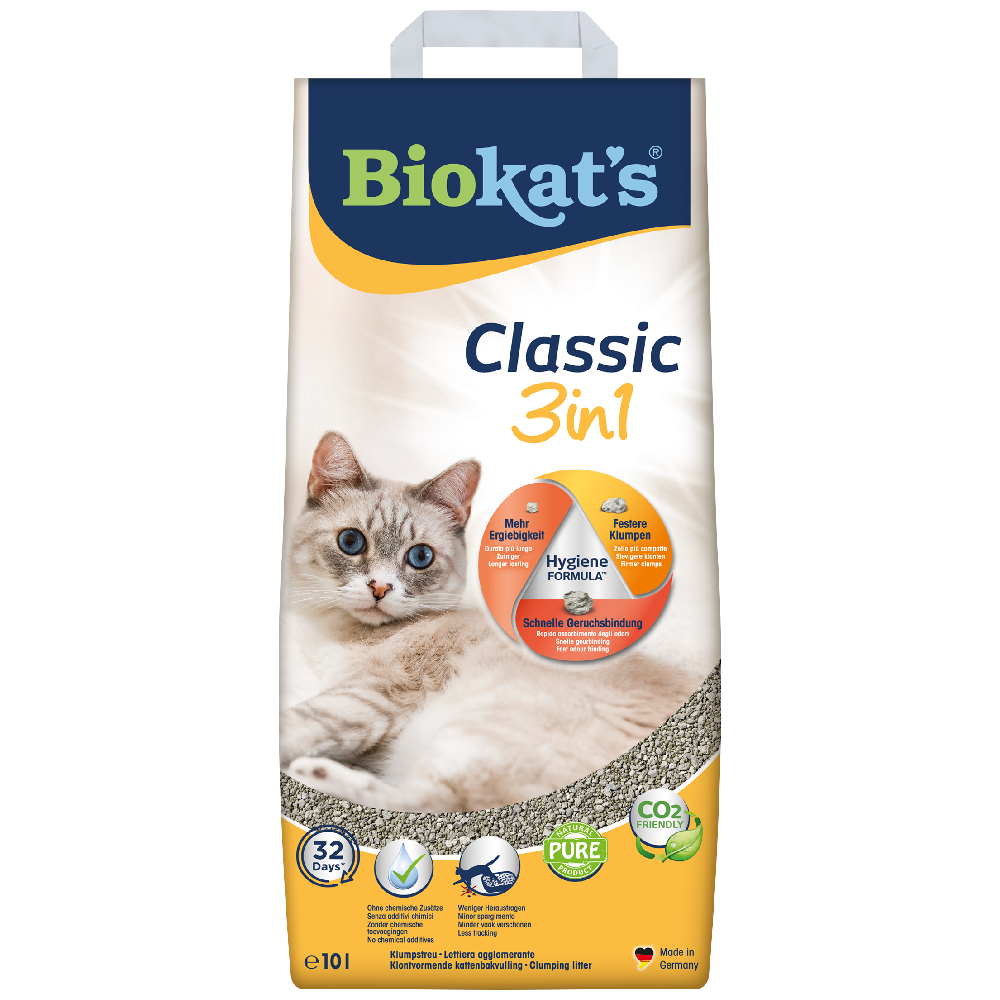 10 liter Biokat's Classic 3in1 macskaalom 3 különböző szemcsemérettel