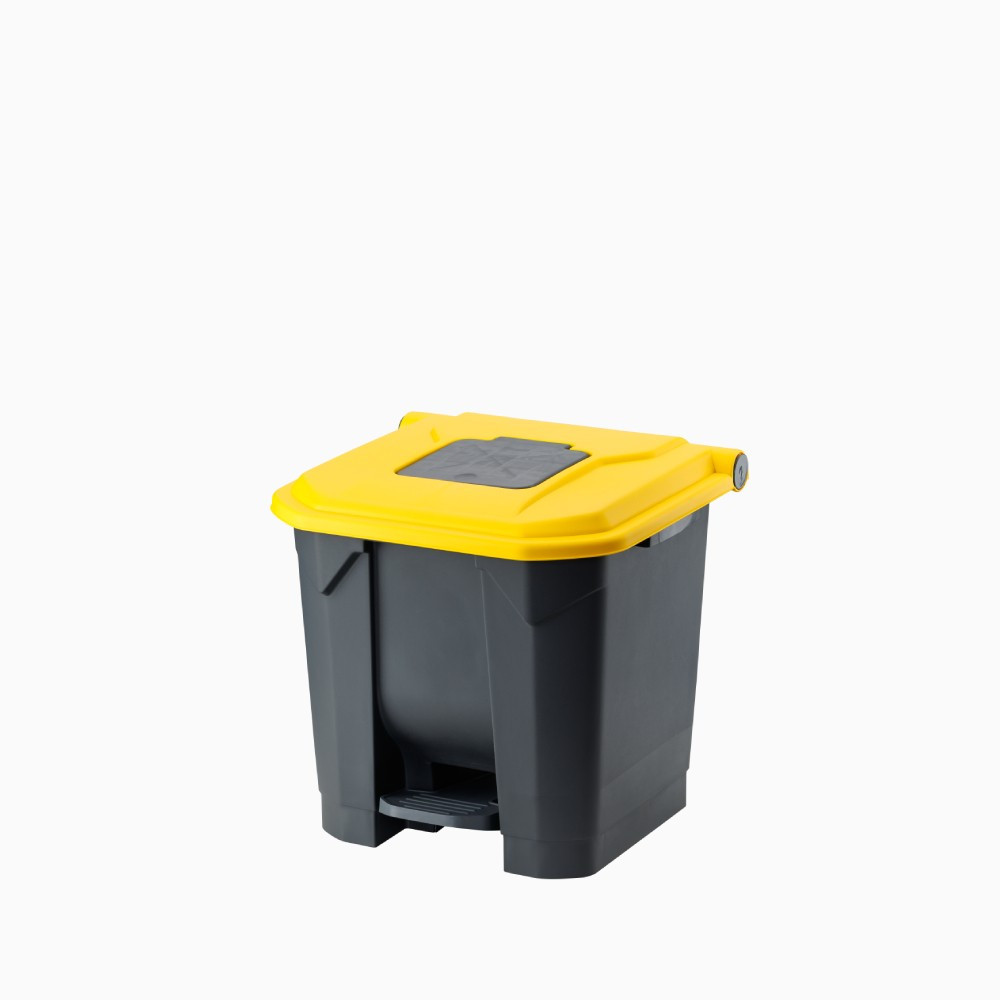 Szelektív hulladékgyűjtő konténer, műanyag, pedálos, fekete/sárga, 30L