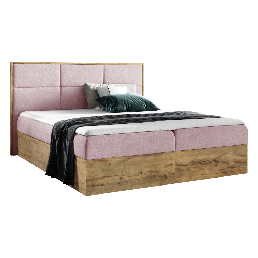Boxspring ágy, 200x200, rózsaszín Kronos szövet/lancelot tölgy, WOOD 2