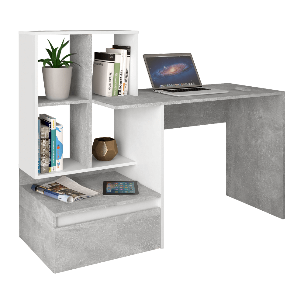 Számítógépasztal, beton/fehér, NEREO NEW
