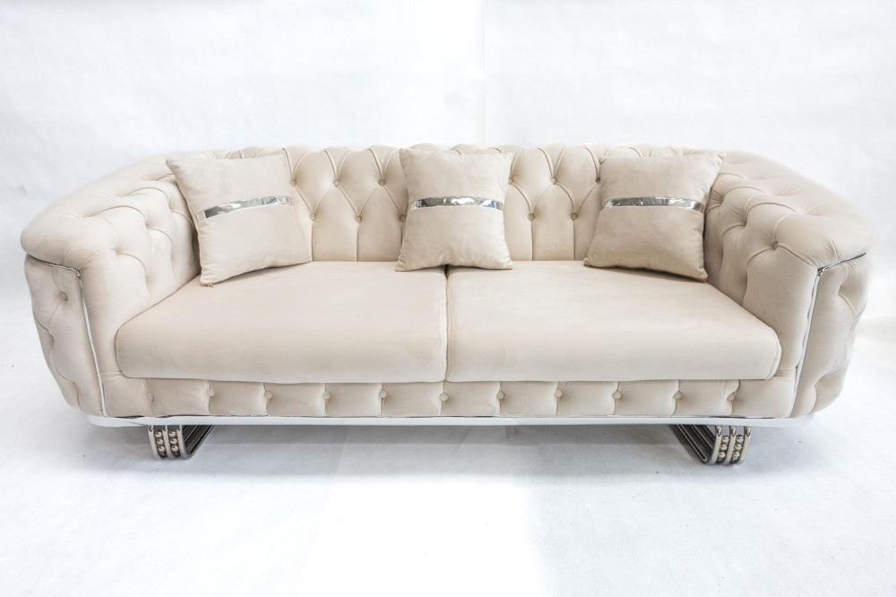 Chicago Chesterfield (Fehér) exkluzív bársony 3 személyes kanapé - Fehér-Ezüst