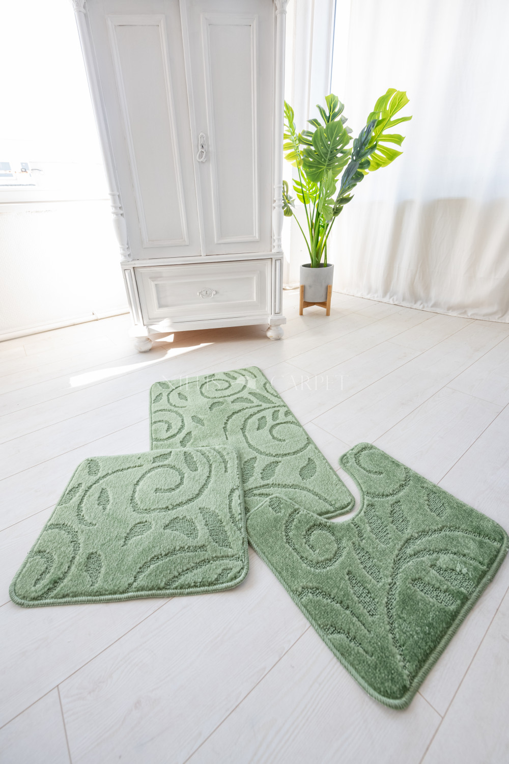 Fürdőszoba szőnyeg Yosun inda zöld teljes 3 részes szett