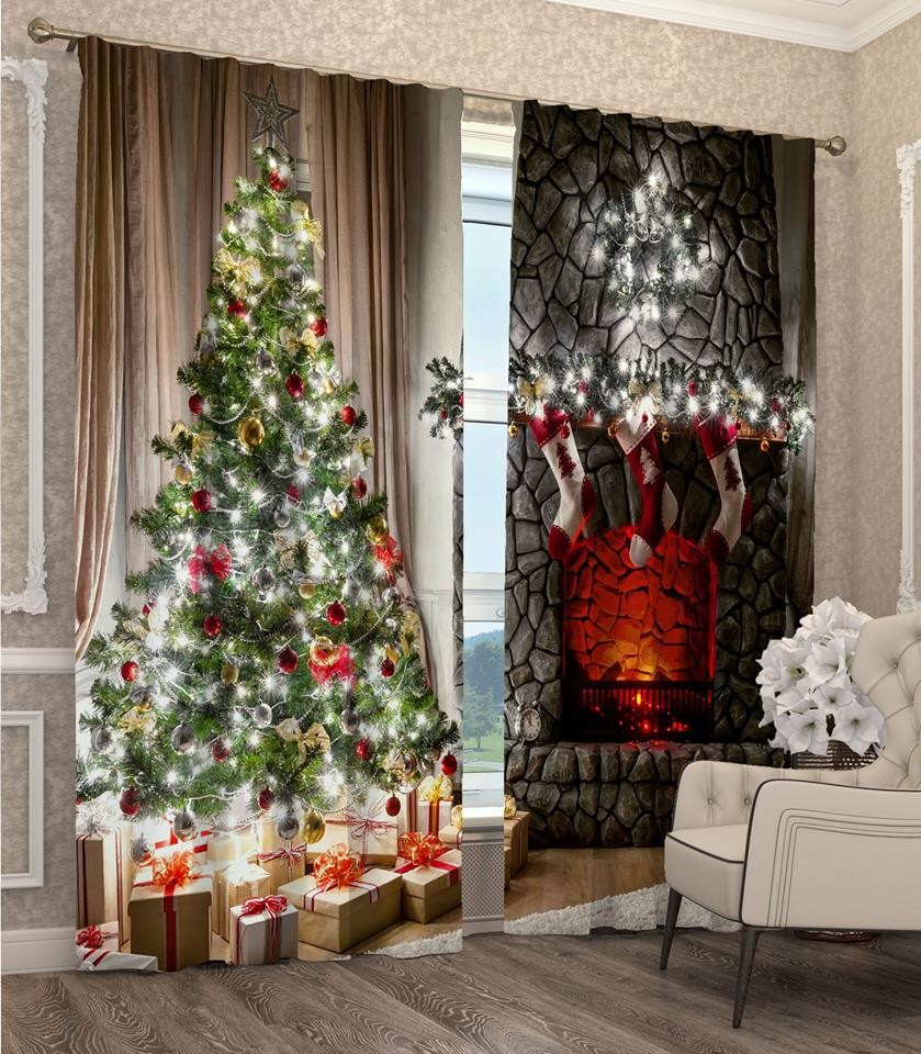 Függönyök 3D karácsonyfa és kandalló motívummal