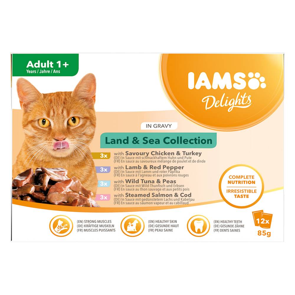 12x85g IAMS Delights Adult szárazföld & tenger mix aszpikban nedves macskatáp