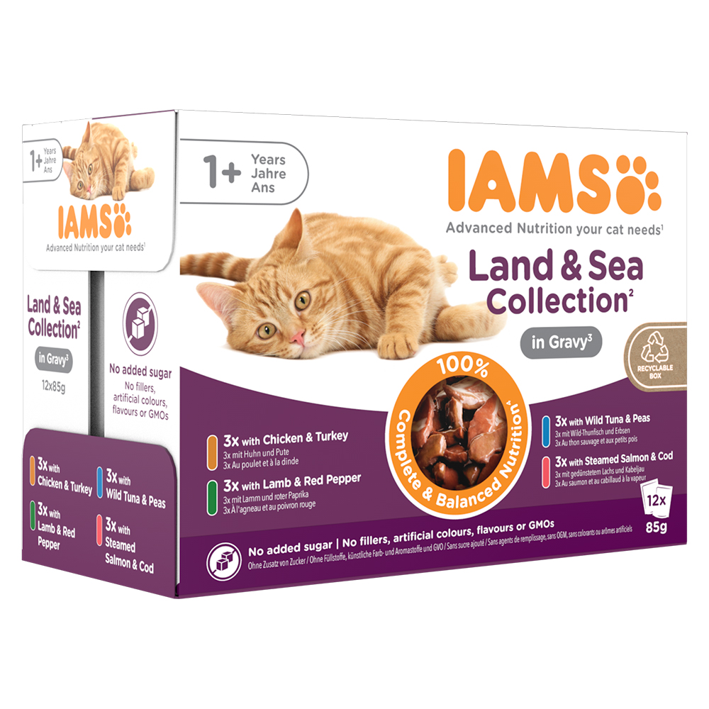 12x85g IAMS Delights Adult szárazföld & tenger mix szószban nedves macskatáp