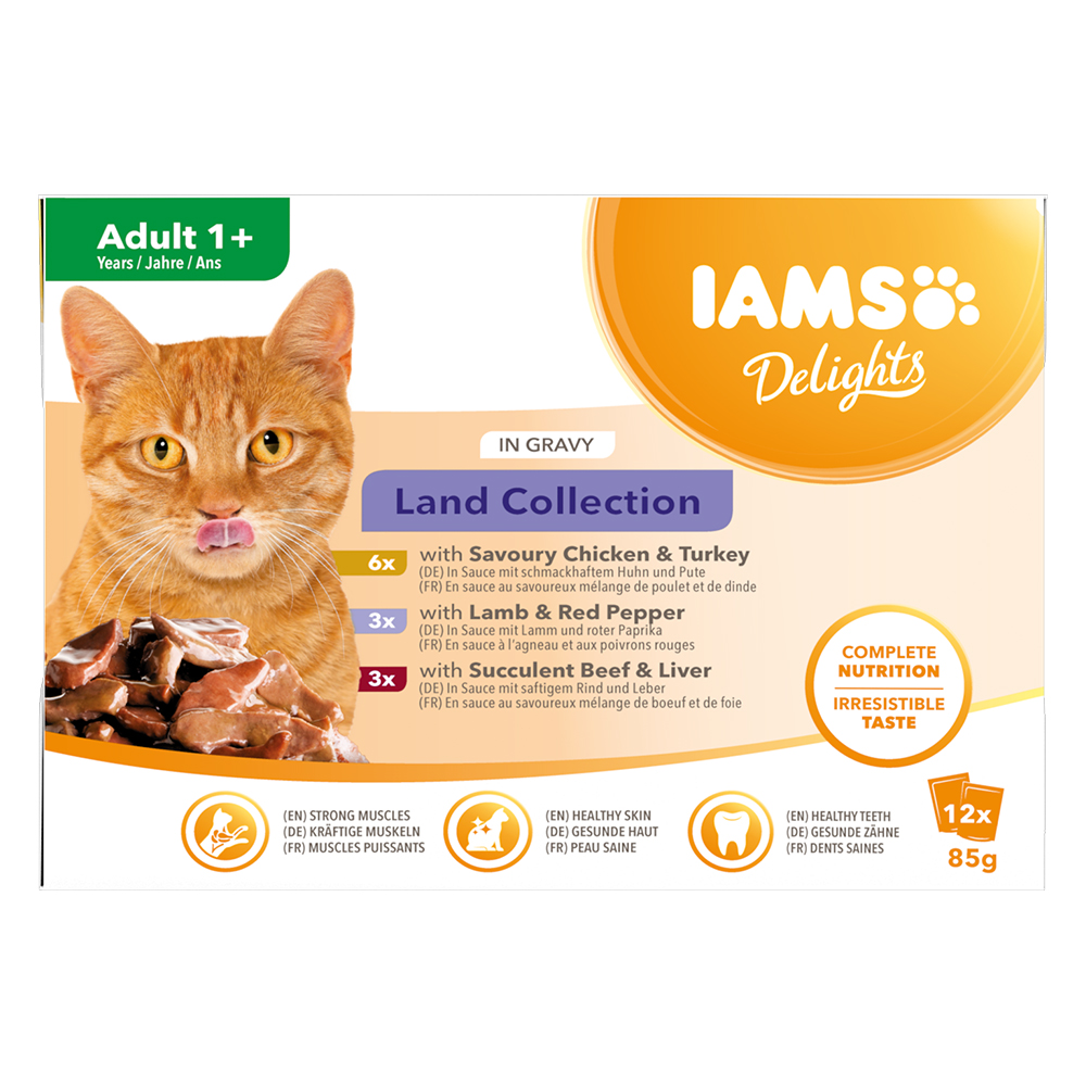 12x85g IAMS Delights Adult szárazföldi mix szószban nedves macskatáp